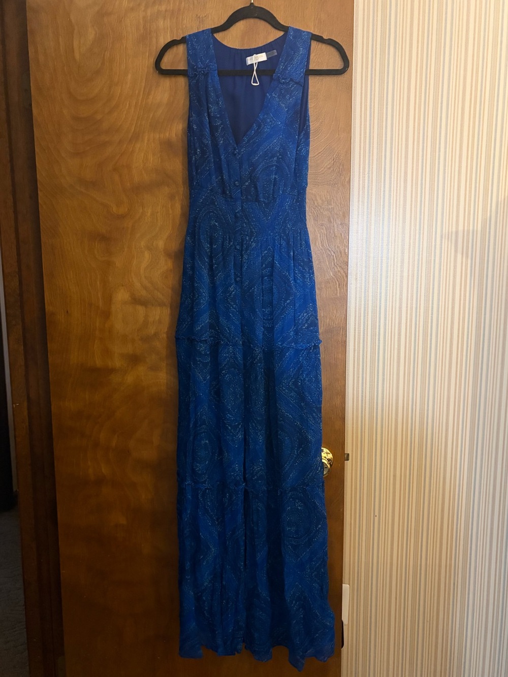 Ramy Brook Poppy Maxi Dress Blue Printed Sleeveless Smocked Tiered XS - Picture 2 of 6